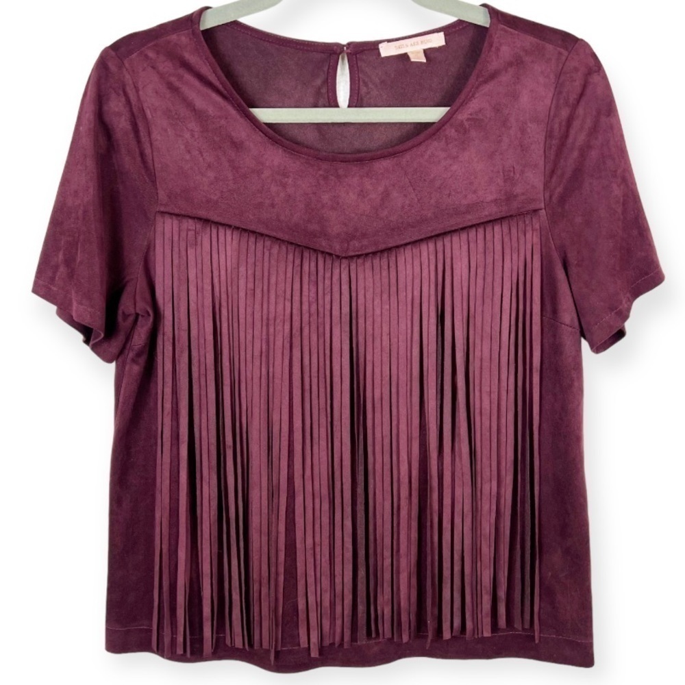 Skies Are Blue Fringe Top Short Sleeve Faux Suede Burgundy Small